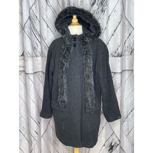 Vintage Kristen Blake Gray Wool Coat Faux Fur Trimmed Hood M